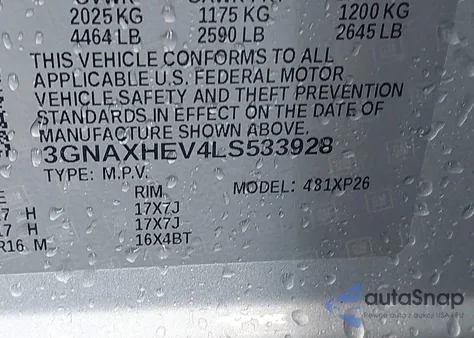 2020 Chevrolet Equinox Fwd Ls из США, поврежденный, VIN 3GNAXHEV4LS533928